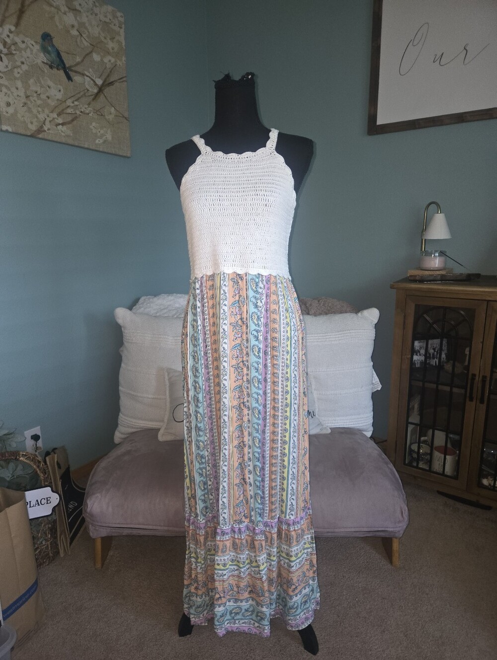 Dex White Crochet Top Maxi Dress with Pastel Stripe Print